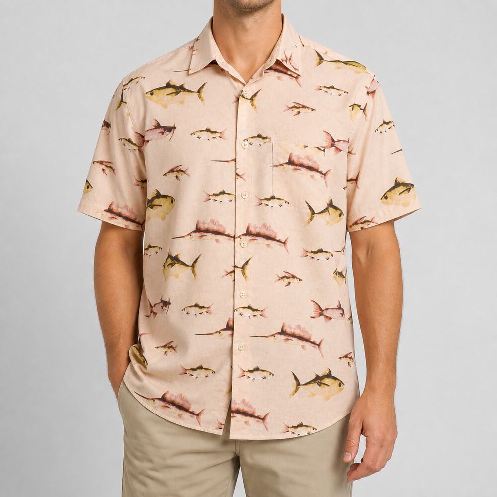 Rima Shirt Mens Large Pink Beachworld Fish Print Hawaiian Button Up Short Sleeve